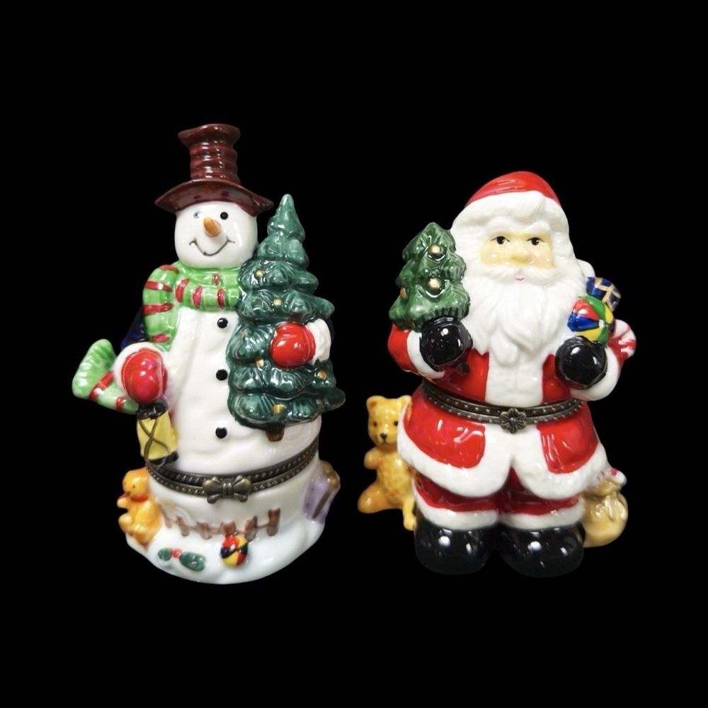 Kurt Adler Snowman and Santa Porcelain Trinket Box Hinged Santa's World Lot Of 2